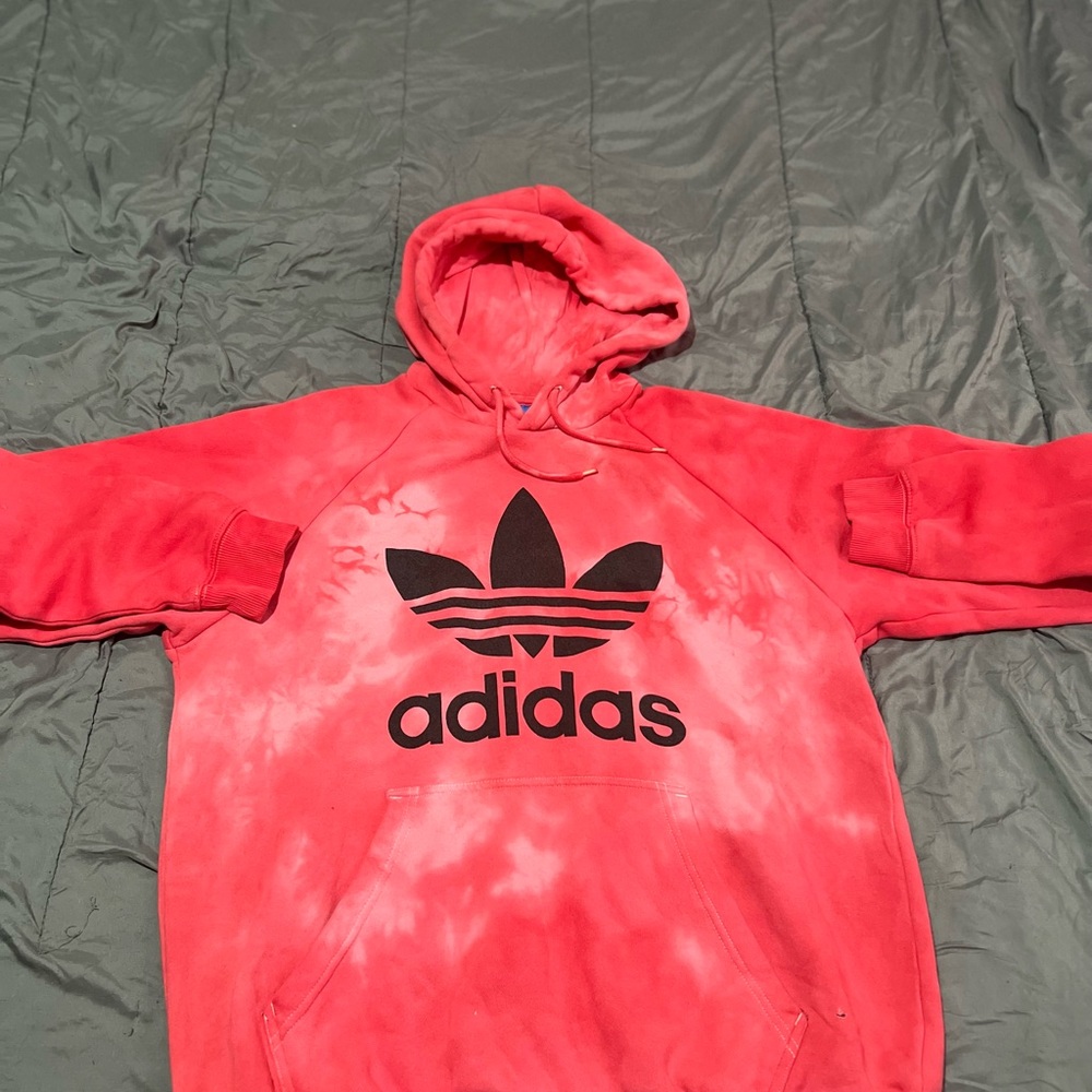 Red Tye-Dyed Adidas Hoodie with Logo